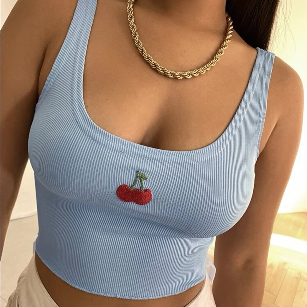 Blue Cropped Ribbed Tank Top with Cherry Applique Patch - NWOT